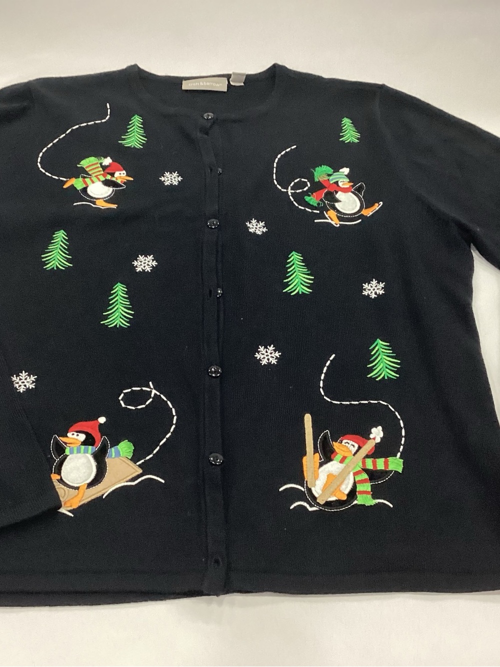 croft & barrow Black Penguin Holiday Cardigan with Green Tree Accents